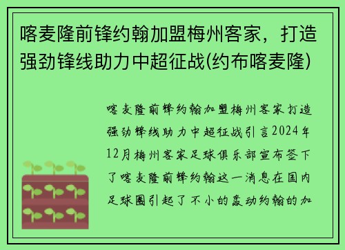 喀麦隆前锋约翰加盟梅州客家，打造强劲锋线助力中超征战(约布喀麦隆)